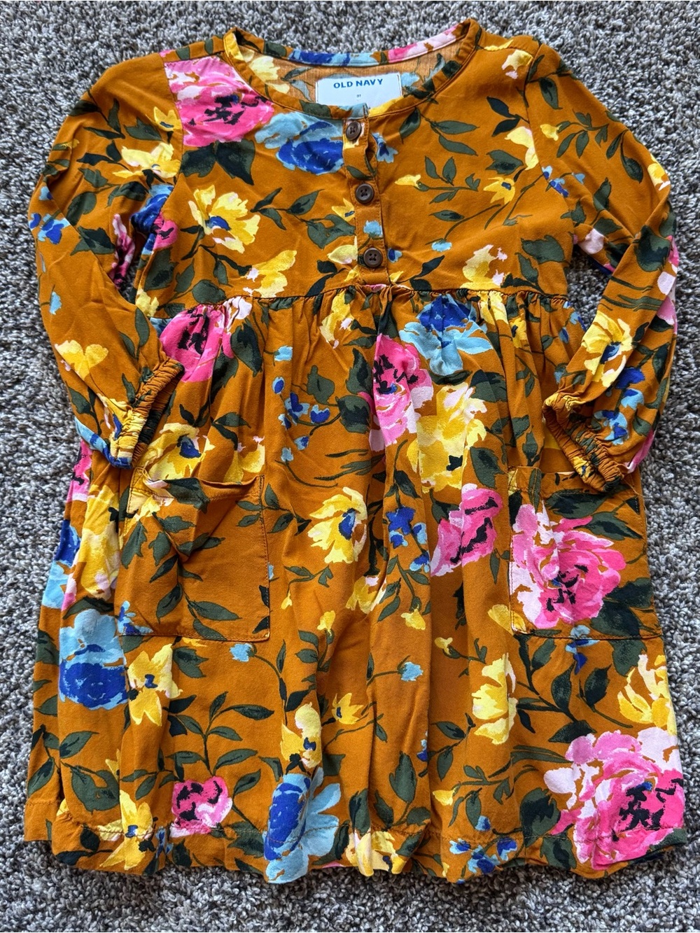 Old Navy Mustard Floral Long-Sleeve Girls Dress with Bright Blooms